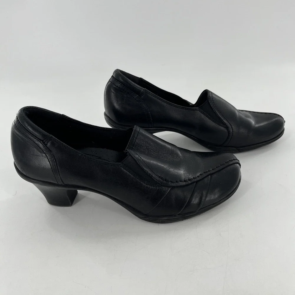 G H Bass & Co Leather Pump Low Chunky Heel Womens 9 M Black Kitten Ruched Tenley
